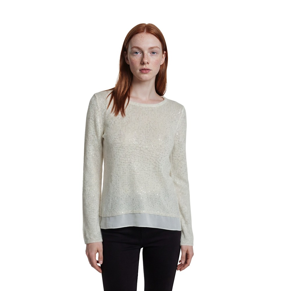 White House Black Market Ivory Sweater Women's Medium Sequin Chiffon Hem‎